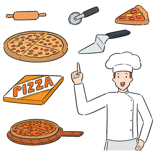 vector set of pizza and pizza chef