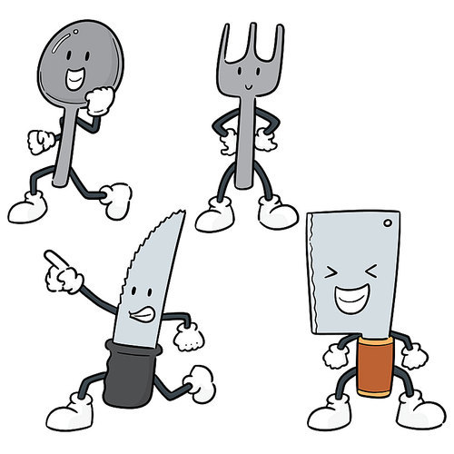 vector set of spoon, fork and knife cartoon