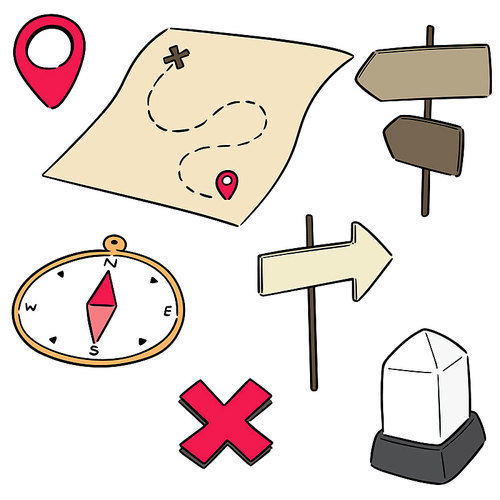 vector set of map, compass, direction post and milestone