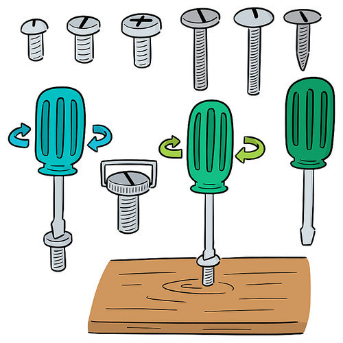 vector set of screw and screwdriver