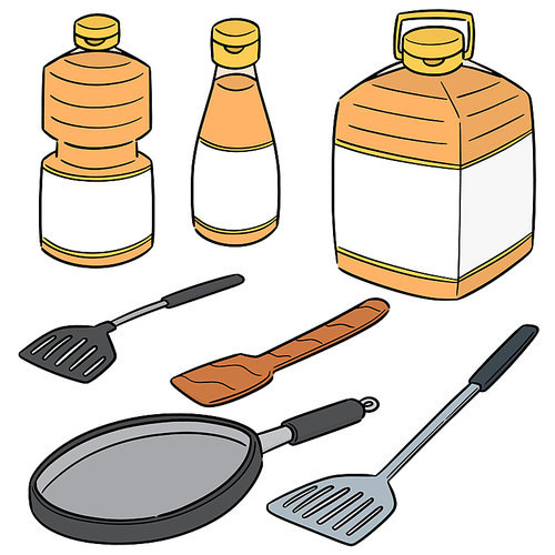 vector set of vegetable oil, pan and flipper