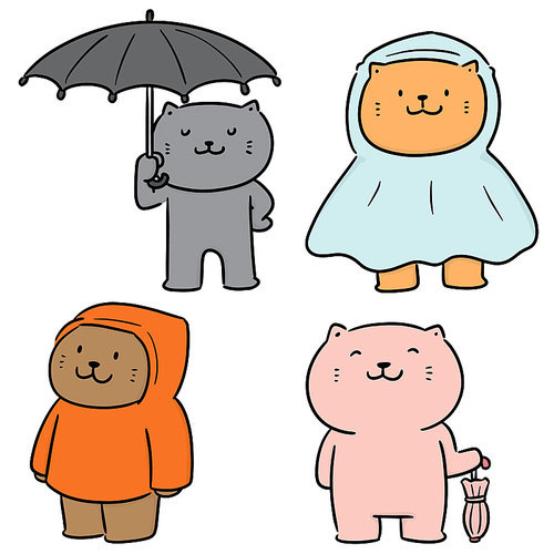 vector set of cat use umbrella and raincoat