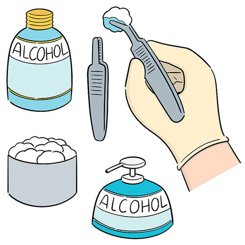 vector set of forcep, alcohol and sterile cotton