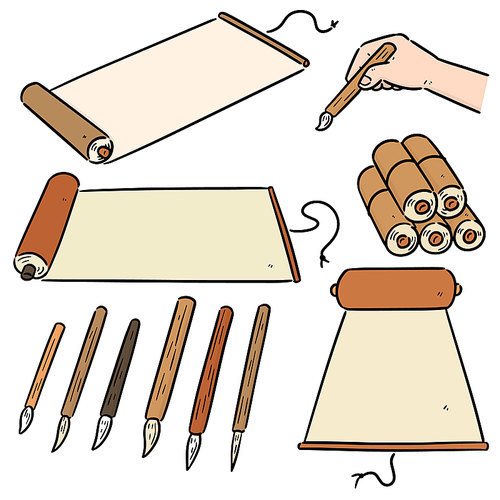 vector set of scroll and brush cartoon