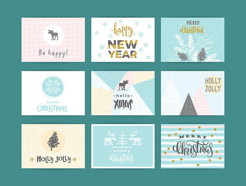 set of artistic creative merry christmas and new year cards. hand drawn textures and brush lettering. design for poster, card, invitation, placard, , flyer. vector templates.