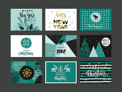 set of artistic creative merry christmas and new year cards. hand drawn textures and brush lettering. design for poster, card, invitation, placard, , flyer. vector templates.