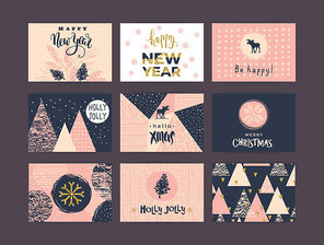 Set of artistic creative Merry Christmas and New Year cards. Hand Drawn textures and brush lettering. Design for poster, card, invitation, placard, brochure, flyer. Vector templates.