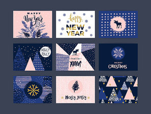 Set of artistic creative Merry Christmas and New Year cards. Hand Drawn textures and brush lettering. Design for poster, card, invitation, placard, brochure, flyer. Vector templates.