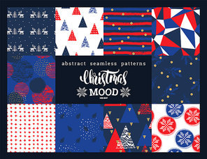 Christmas and New Year Set. Abstract geometric and ornamental seamless patterns. Trendy Hand Drawn textures. Vector Design Templates Collection for Banner, Paper.