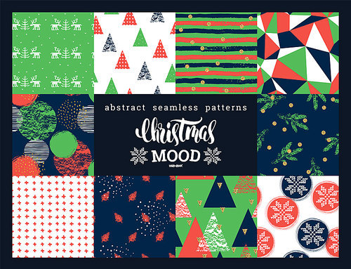 Christmas and New Year Set. Abstract geometric and ornamental seamless patterns. Trendy Hand Drawn textures. Vector Design Templates Collection for Banner, Paper.