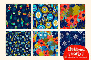 Christmas seamless patterns with dancing women and New Year symbols. Trendy vintage style. Retro party. Vector.