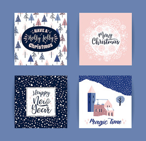Set of artistic creative Merry Christmas and New Year cards. Hand Drawn textures and brush lettering. Design for poster, card, invitation, placard, brochure, flyer. Vector