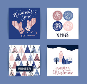 Set of artistic creative Merry Christmas and New Year cards. Hand Drawn textures and brush lettering. Design for poster, card, invitation, placard, brochure, flyer. Vector