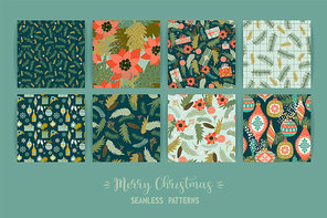 Set of Christmas and Happy New Year seamless patterns. Trendy retro style. Vector design template.