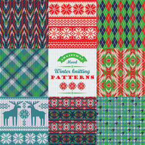 Christmas and New Year Set. Plaid and knitted seamless backgrounds. Vector Design Templates Collection for Banners, Flyers, Placards, Posters and other use.