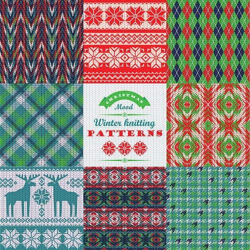 Christmas and New Year Set. Plaid and knitted seamless backgrounds. Vector Design Templates Collection for Banners, Flyers, Placards, Posters and other use.