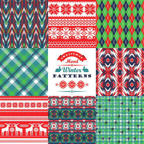 Christmas and New Year Set. Plaid and ornamental seamless backgrounds. Vector Design Templates Collection for Banners, Flyers, Placards, Posters and other use.