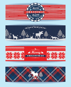 Christmas and New Year Set. Plaid and knitted backgrounds. Vector Design Templates Collection for Banners, Flyers and other use.