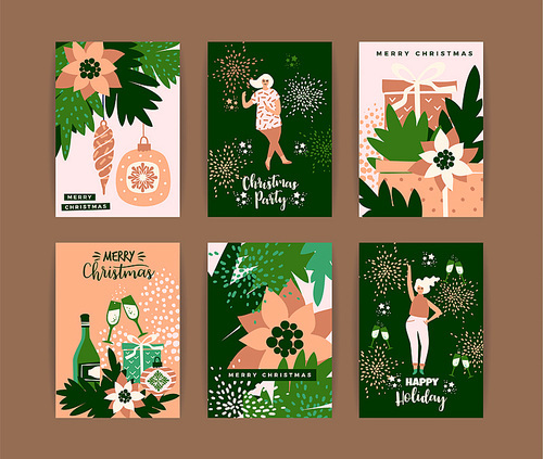 christmas cards with dancing women and new year s symbols. trendy vintage style. retro party. vector design for poster, card, invitation, placard, , flyer.