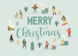 Christmas and Happy New Year illustration whit people. Trendy retro style. Vector design template.