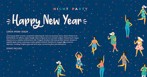 Christmas and Happy New Year illustration with dancing women. Trendy retro style. Vector design template.