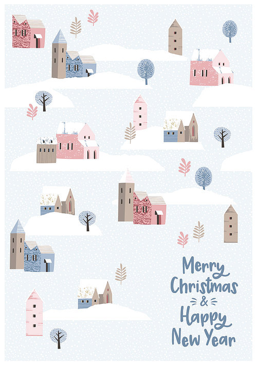 Christmas and Happy New Year seamless illustration whit winter landscape. Trendy retro style. Vector design template.