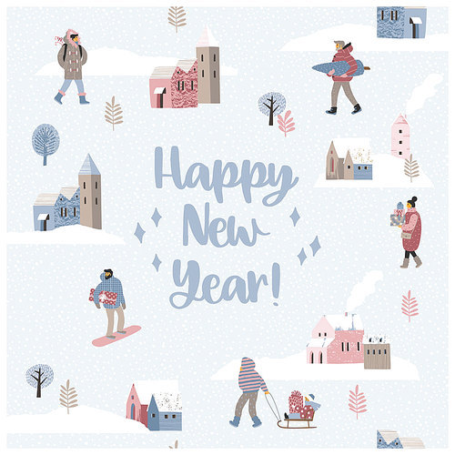 Christmas and Happy New Year seamless illustration whit winter landscape. Trendy retro style. Vector design template.