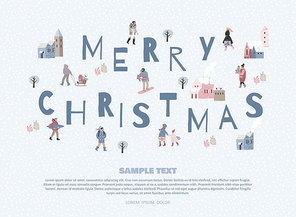 Christmas and Happy New Year illustration whit people. Trendy retro style. Vector design template.