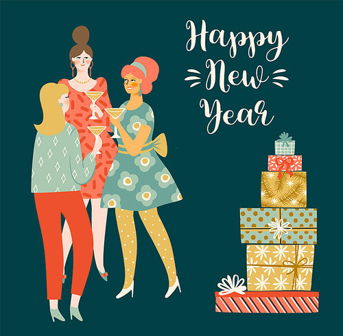 Christmas and Happy New Year illustration young women drinking champagne. Trendy retro style. Vector design template.