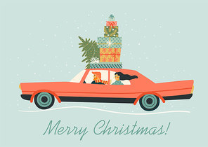 Christmas and Happy New Year illustration with red car. Trendy retro style. Vector design template.
