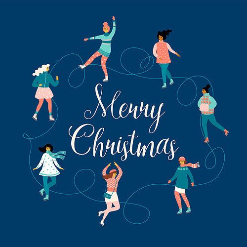 Vector illustration of women skate. Christmas and New Year mood. Trendy retro style.