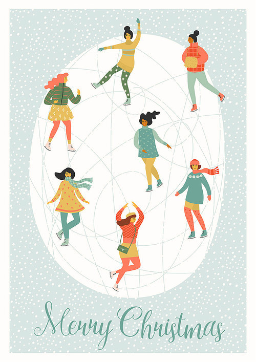 Vector illustration of women skate. Christmas and New Year mood. Trendy retro style.