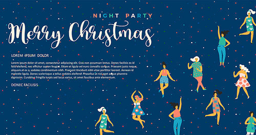 Christmas and Happy New Year illustration with dancing women. Trendy retro style. Vector design template.