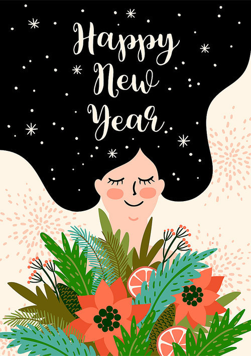 Christmas and Happy New Year illustration. Trendy retro style. Vector design template.