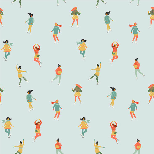 Vector seamless pattern with women skate. Trendy retro style. Design elements.