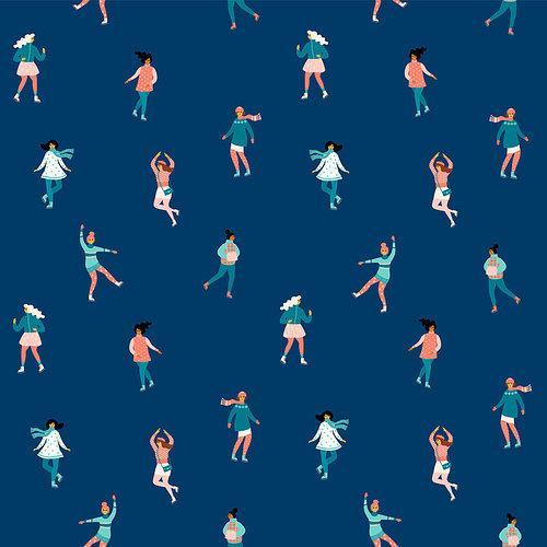 Vector seamless pattern with women skate. Trendy retro style. Design elements.
