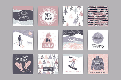 set of artistic creative winter cards. hand drawn textures. design for poster, card, invitation, placard, , flyer. vector templates