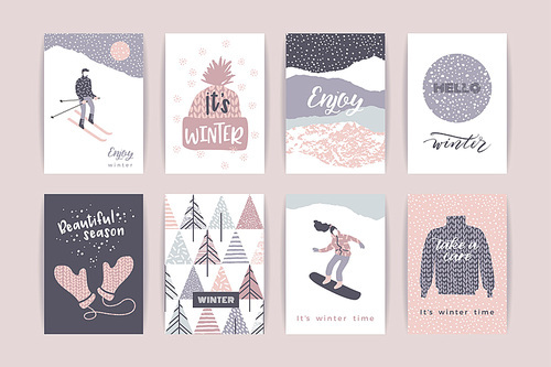 set of artistic creative winter cards. hand drawn textures. design for poster, card, invitation, placard, , flyer. vector templates