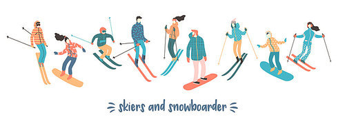 Vector illustration of skiers and snowboarders. Sports men and women in the ski resort. Trendy retro style.