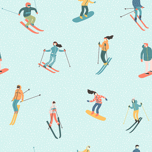 Vector illustration of skiers and snowboarders. Sports men and women in the ski resort. Trendy retro style. Seamless pattern.