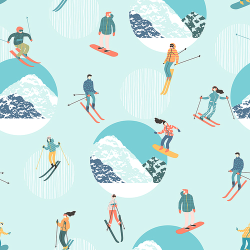 Vector illustration of skiers and snowboarders. Sports men and women in the ski resort. Trendy retro style. Seamless pattern.