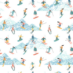 Vector illustration of skiers and snowboarders. Sports men and women in the ski resort. Trendy retro style. Seamless pattern.