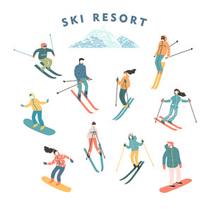 Vector illustration of skiers and snowboarders. Sports men and women in the ski resort. Trendy retro style.