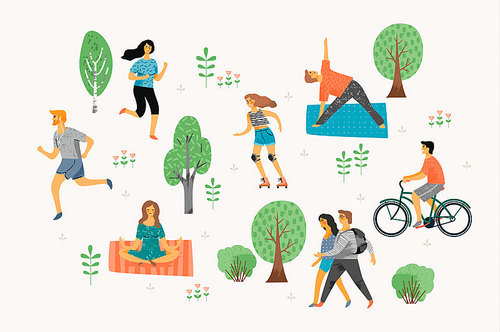 Vector illustration with active young people. Healthy lifestyle. Roller skates, running, bicycle, walk, yoga. Design element in pastel colors with textures.