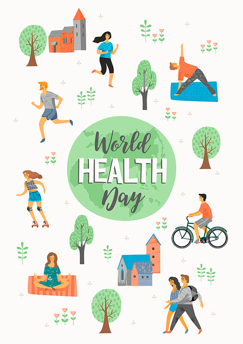 World Health Day. Healthy lifestyle. Roller skates, running, bicycle, walk, yoga. Design element in pastel colors with textures