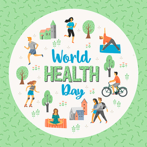 World Health Day. Healthy lifestyle. Roller skates, running, bicycle, walk, yoga. Design element in pastel colors with textures