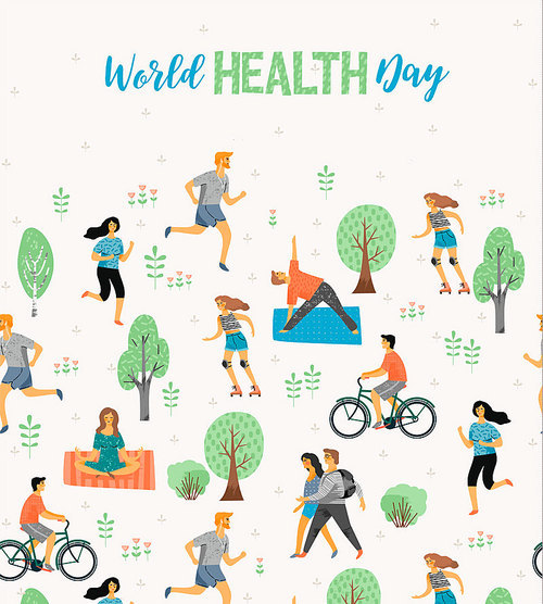 World Health Day. Healthy lifestyle. Roller skates, running, bicycle, walk, yoga. Design element in pastel colors with textures