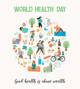 World Health Day. Healthy lifestyle. Roller skates, running, bicycle, walk, yoga. Design element in pastel colors with textures