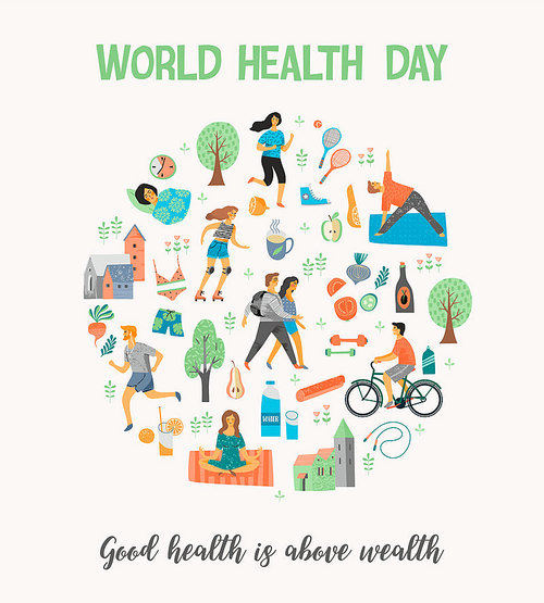 World Health Day. Healthy lifestyle. Roller skates, running, bicycle, walk, yoga. Design element in pastel colors with textures