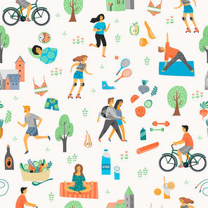 Healthy lifestyle. Seamless pattern. Roller skates, running, bicycle, walk, yoga, helthy eating. Design element in pastel colors with textures